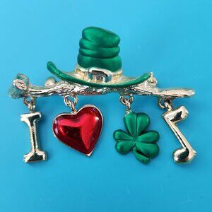 Signed AJC St Patrick I Love Irish Music Brooch Gold Green Red Hat Clover Heart